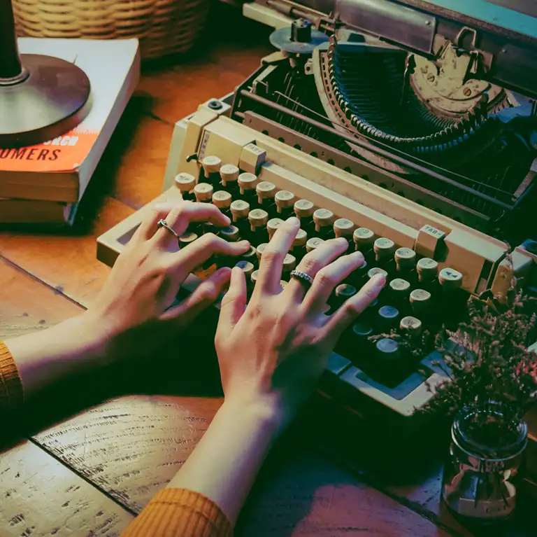 Hænder der skriver på en skrivemaskine, ved et svagt oplyst bord.